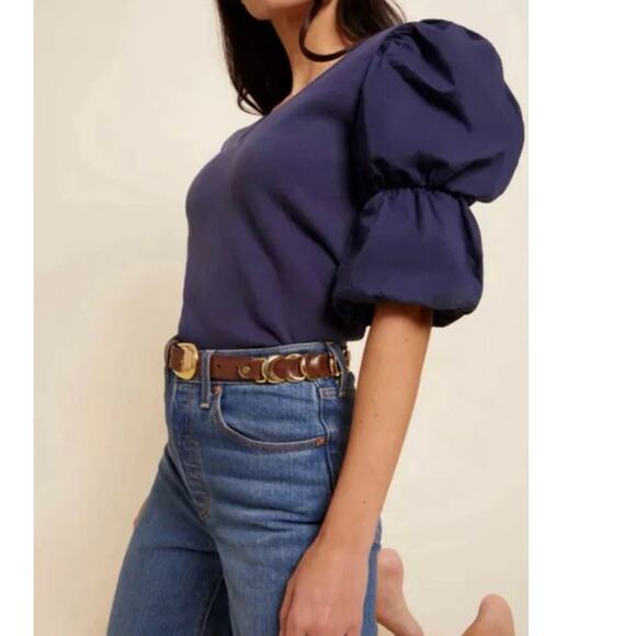 Nation Teddi Blue V Neck Sweatshirt Poplin Tiered Puff Sleeve Top M - Picture 3 of 8